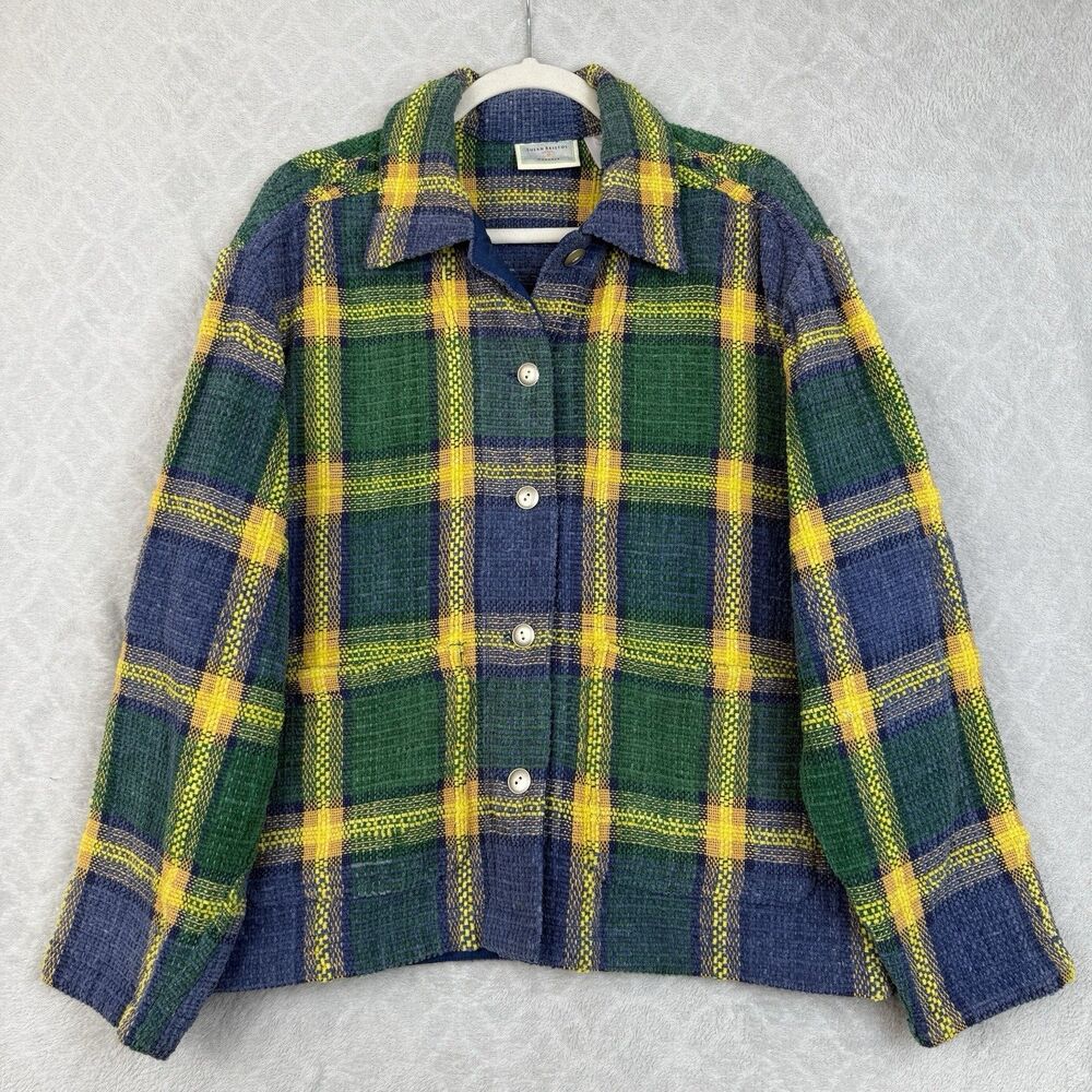 Susan Bristol Tapestry Knit Jacket Womens Large Green Blue Plaid Preppy Cottage